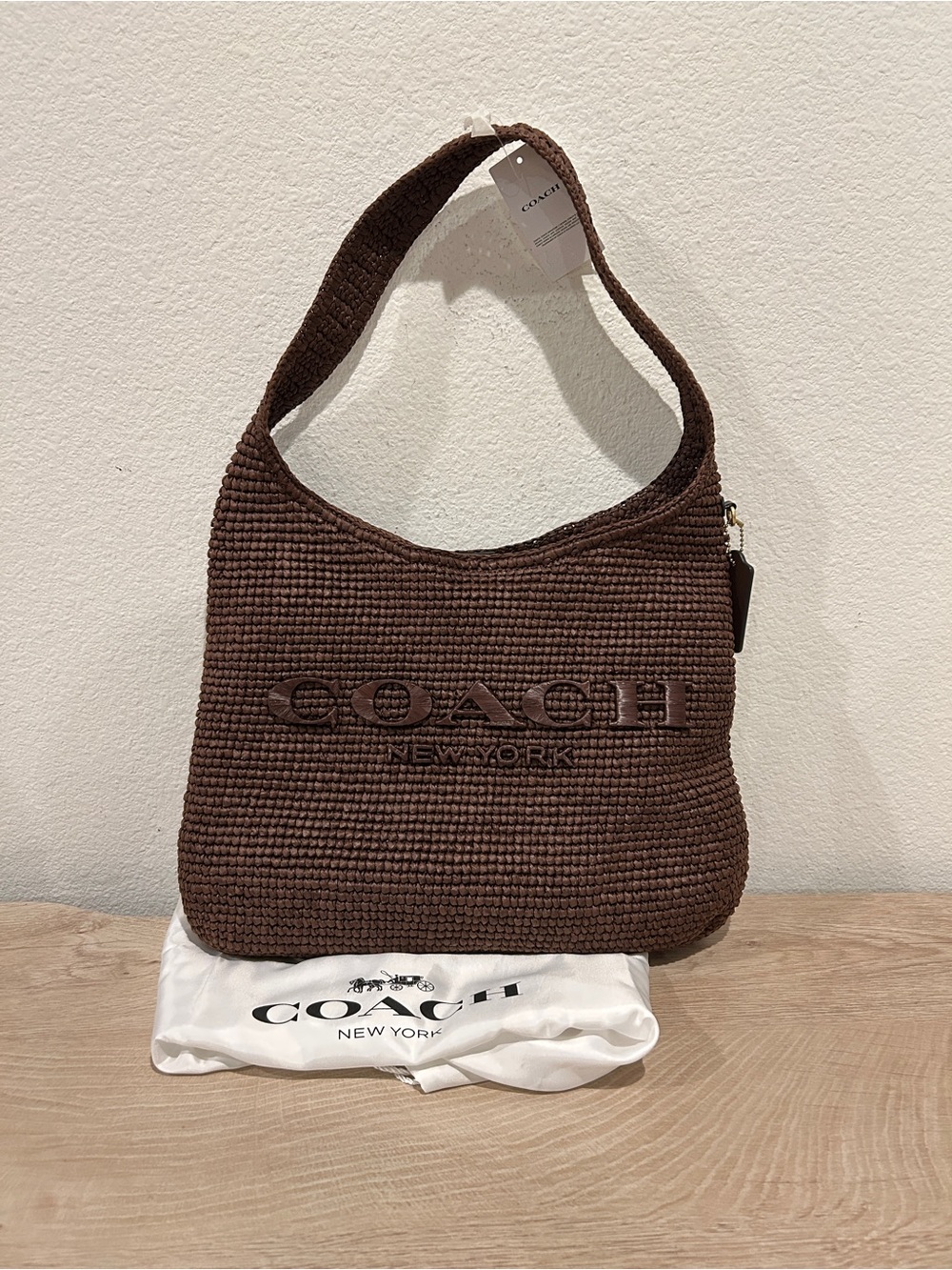 NWT COACH Brooklyn 34 Medium Shoulder Raffia Bag in Brown, $295 Retail